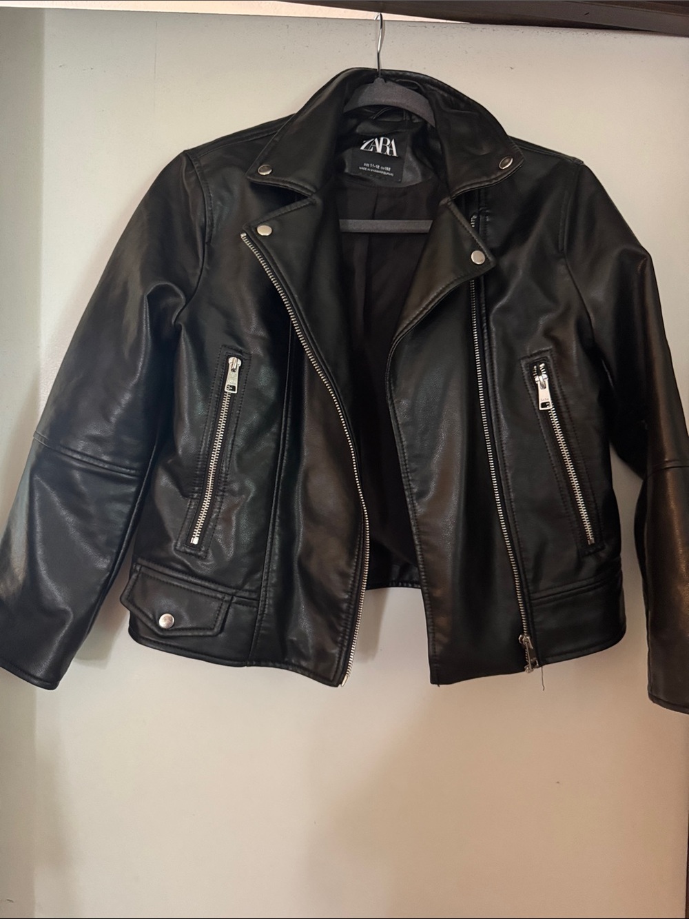 Girl’s ZARA Black Leather Moto Jacket with Silver Hardware